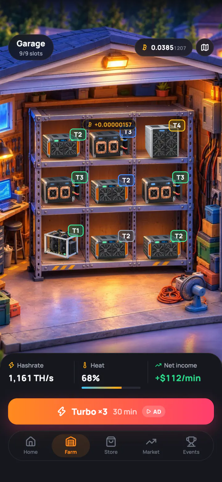 A garage full of miners on shelves