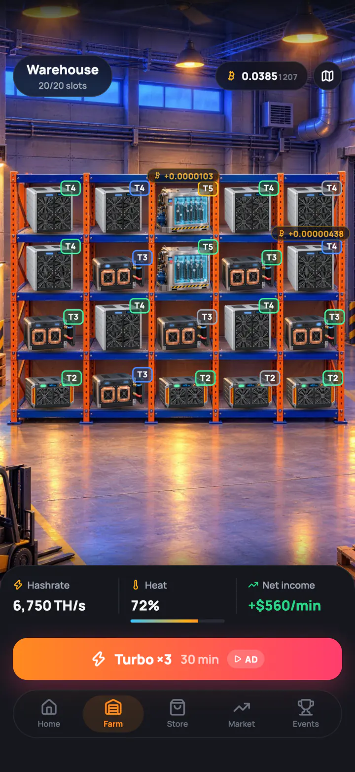 A whole warehouse of miners on blue racks, with hashrate, heat and net income