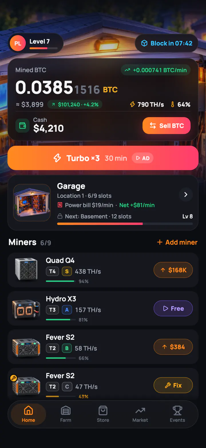 Home screen of Mining Fever: BTC balance, Turbo and a list of miners