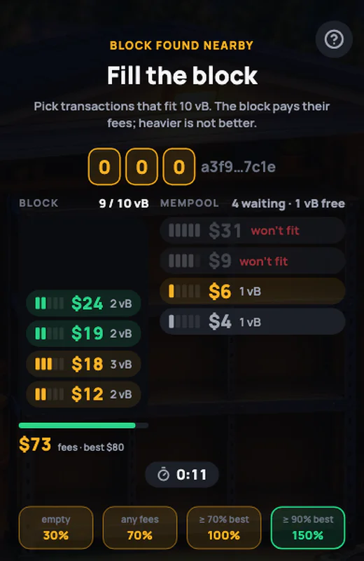 Mempool mini-game: pick the transactions with the best fees that fit into the block